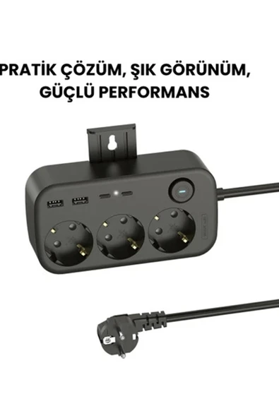 Akım Korumalı Priz 2 Usb + 2 Type-c Girişli 2 Metre Kablosu Anahtarlı Ve Duvara Monte Edilebilir - Resim 5