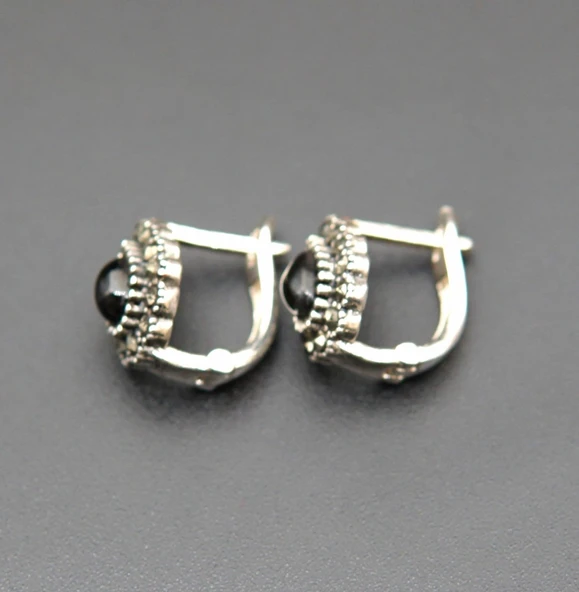 925 Ayar Gümüş Oltu Taşı Kadın Küpe skü00035 - Resim 3