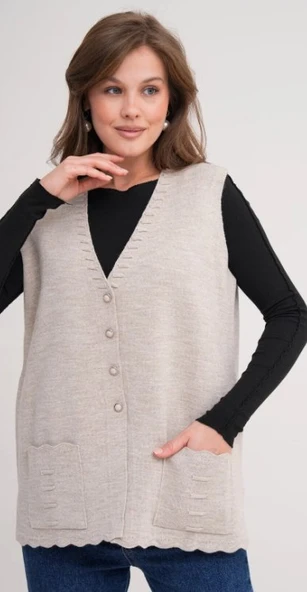 Kadın Anne Büyük Beden Triko Düz Model Yelek - 12