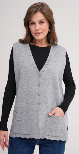 Kadın Anne Büyük Beden Triko Düz Model Yelek - 4