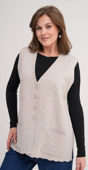 Kadın Anne Büyük Beden Triko Düz Model Yelek - 8