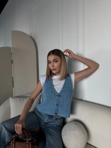 Triko Kolsuz Düğmeli Yelek - Mavi ürün görseli 1