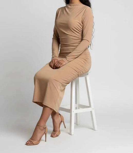 Mevsimlik | Kadın Caramel Drapeli Midi Elbise Yüksek Yaka Uzun Kollu Penye Kumaş - Resim 4