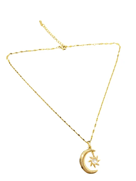 Altın Renk Parlak ve Şık Taşlı 316L Çelik VIP Model Ay Yıldız Kadın Kolye - Göz Alıcı Şık Tasarım ürün görseli 1