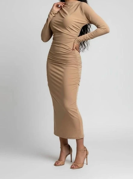 Mevsimlik | Kadın Caramel Drapeli Midi Elbise Yüksek Yaka Uzun Kollu Penye Kumaş - Resim 5