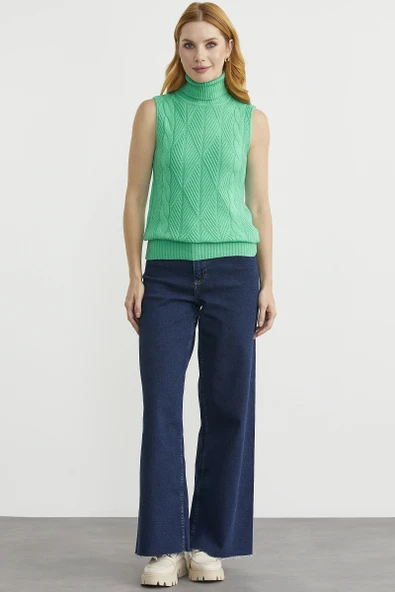 Tam Balıkçı Kolsuz Triko Kazak - Yeşil ürün görseli 1