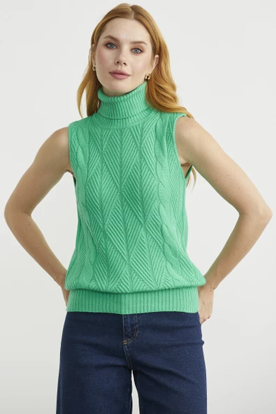 Tam Balıkçı Kolsuz Triko Kazak - Yeşil - Resim 2