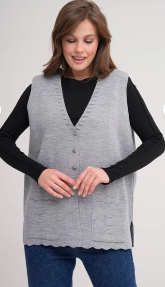 Kadın Anne Büyük Beden Triko Düz Model Yelek - 5