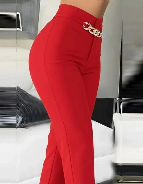 MDB Kadın Yüksek Bel önden Zincir Detaylı Ithal Krep Pantolon - Resim 2