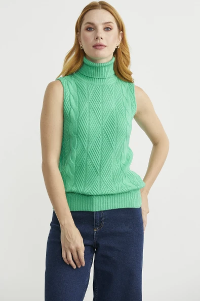 Tam Balıkçı Kolsuz Triko Kazak - Yeşil - Resim 4