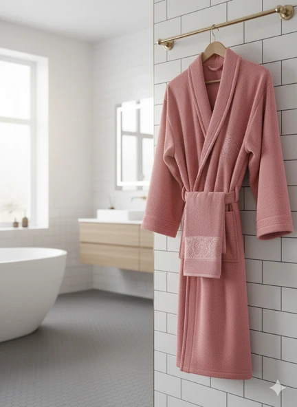 BELİNİS %100 PAMUK BORNOZ SET 1 ADET BORNOZ 1 ADET HAVLU RENK :GÜLKURUSU - 3