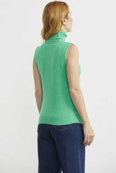 Tam Balıkçı Kolsuz Triko Kazak - Yeşil - Resim 5