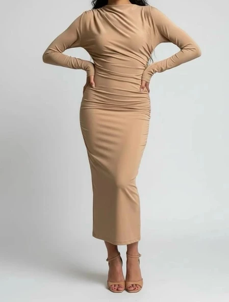 Mevsimlik | Kadın Caramel Drapeli Midi Elbise Yüksek Yaka Uzun Kollu Penye Kumaş - Resim 3