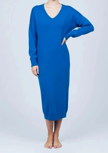 Sıcak Tutan Kışlık | Saks Mavi V Yaka Kadın Triko Hırka Büyük Düğmeli - 2