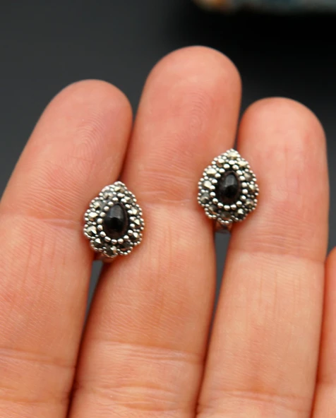 925 Ayar Gümüş Oltu Taşı Kadın Küpe skü00035 - Resim 5