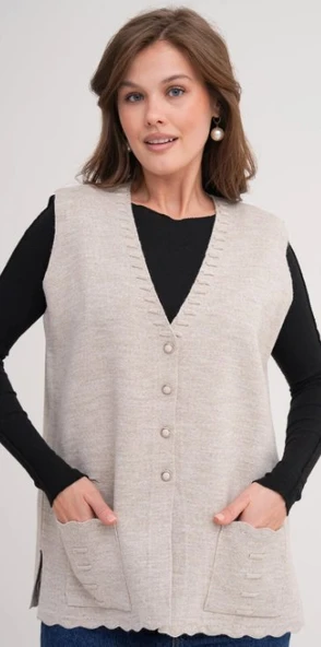 Kadın Anne Büyük Beden Triko Düz Model Yelek - Resim 9