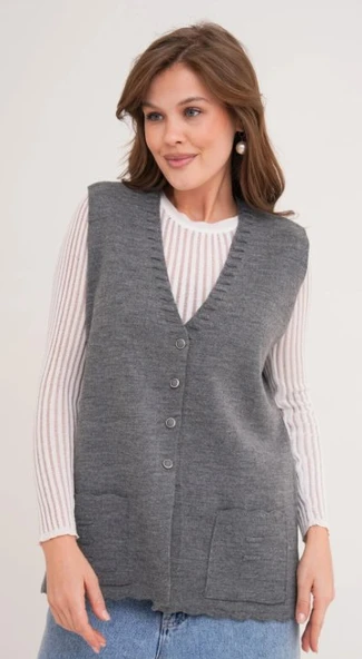 Kadın Anne Büyük Beden Triko Düz Model Yelek - 11