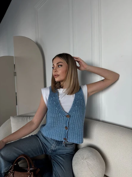 Triko Kolsuz Düğmeli Yelek - Mavi - Resim 3