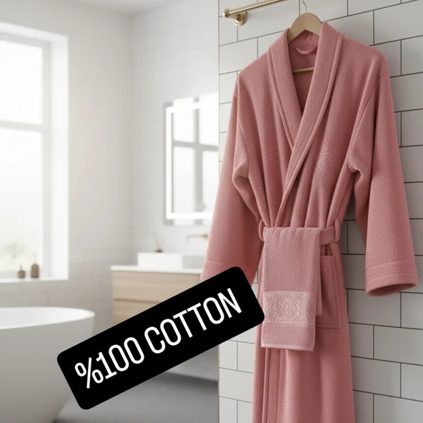 BELİNİS %100 PAMUK BORNOZ SET 1 ADET BORNOZ 1 ADET HAVLU RENK :GÜLKURUSU - 2