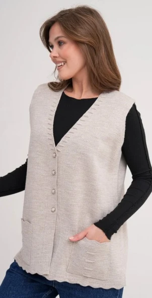 Kadın Anne Büyük Beden Triko Düz Model Yelek - 9