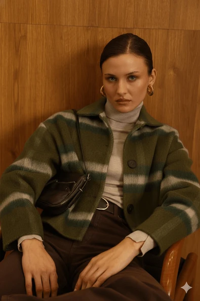 Kadın Çizgili Örme Triko Hırka Ceket Düğmeli Kışlık Kalın Badi Ceket - 4