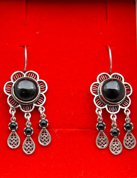 925 Ayar Gümüş Oltu Taşı Kadın Küpe skü00044 - Resim 3