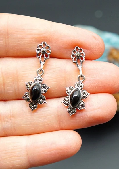 925 Ayar Gümüş Oltu Taşı Kadın Küpe skü00038 - Resim 4