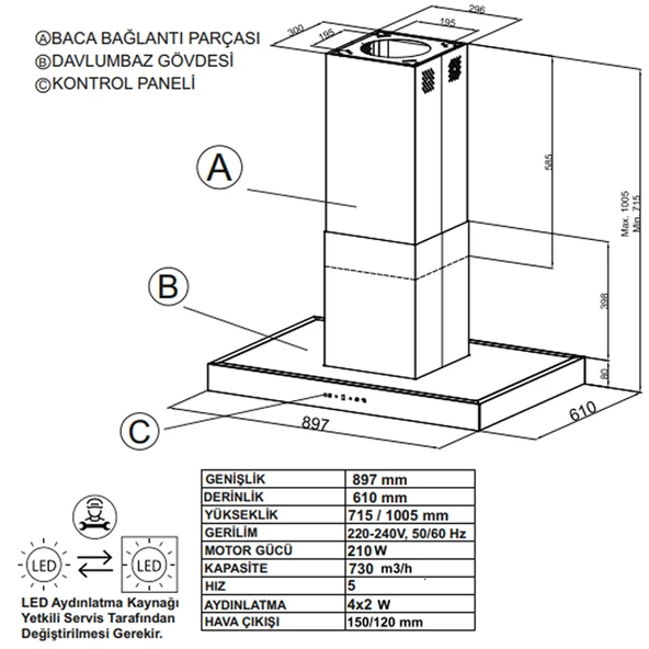 NARTE -HI30190W 90 CM BEYAZ ADA TİPİ DAVLUMBAZ -6 YIL GARANTİLİ -YÜKSEK PERFORMANS - 6