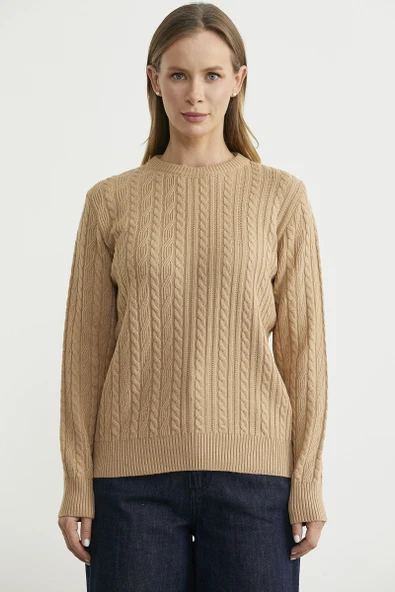 Sıfır Yaka Motif Detaylı Triko Kazak - Kamel - Resim 3