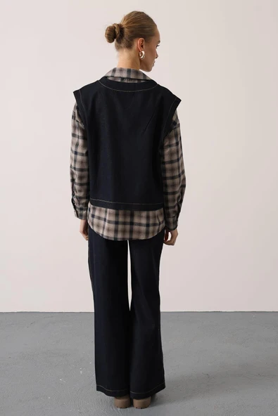 Kadın Denim İkili Takım V Yaka Kot Yelek ve Yüksek Bel Geniş Paça Pantolon Kot Takım - Resim 7