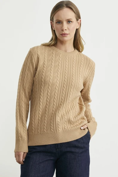 Sıfır Yaka Motif Detaylı Triko Kazak - Kamel ürün görseli 1