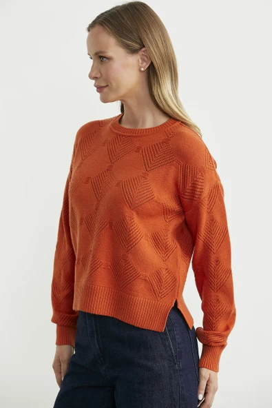 Renge Renk Motifli Triko Kazak - Oranj - Resim 4