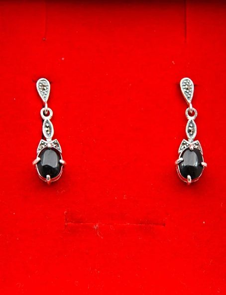 925 Ayar Gümüş Oltu Taşı Kadın Küpe skü00040 - Resim 4