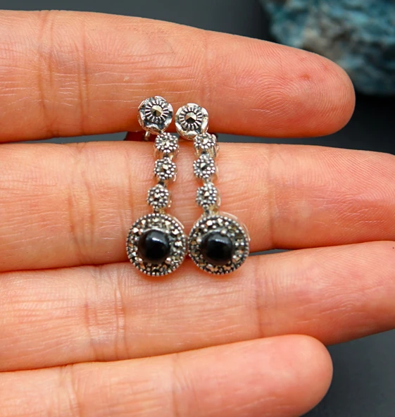 925 Ayar Gümüş Oltu Taşı Kadın Küpe skü00042 - Resim 3