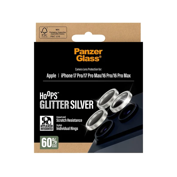 Panzerglass Apple 16 Pro Max Hoops Glitter Simli Silver Gümüş Kamera Lens Koruyucu (Hizalama Aparatlı) - Resim 5