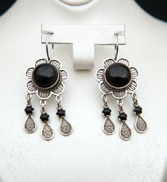 925 Ayar Gümüş Oltu Taşı Kadın Küpe skü00044 - Resim 4