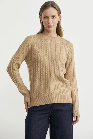 Sıfır Yaka Motif Detaylı Triko Kazak - Kamel - Resim 2