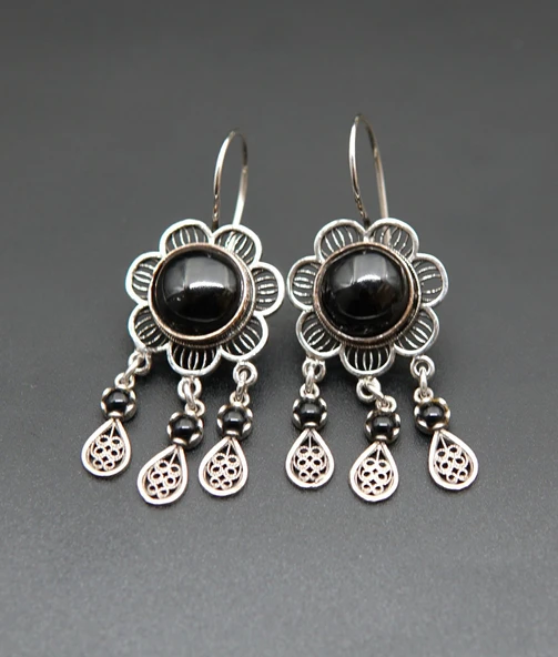 925 Ayar Gümüş Oltu Taşı Kadın Küpe skü00044 - Resim 5