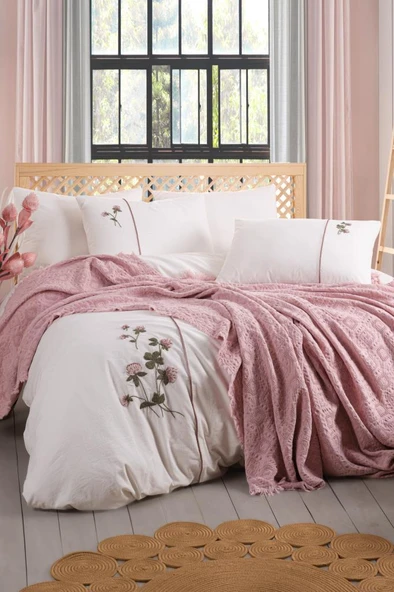 Vera 7 Parça %100 Pamuk Çift Kişilik Pikeli Nevresim Takımı Pudra ürün görseli