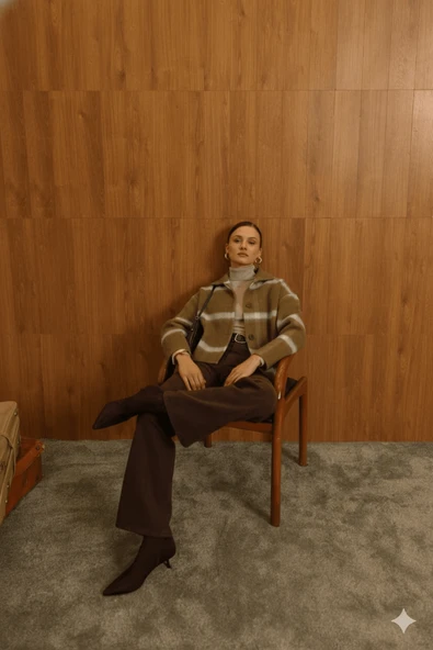 Kadın  Çizgili Örme Triko Hırka Ceket Düğmeli Kışlık Kalın Badi Ceket - 2