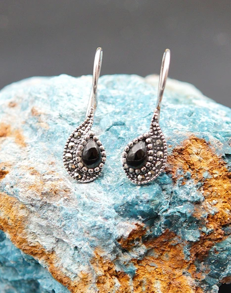 925 Ayar Gümüş Oltu Taşı Kadın Küpe skü00045 ürün görseli 1