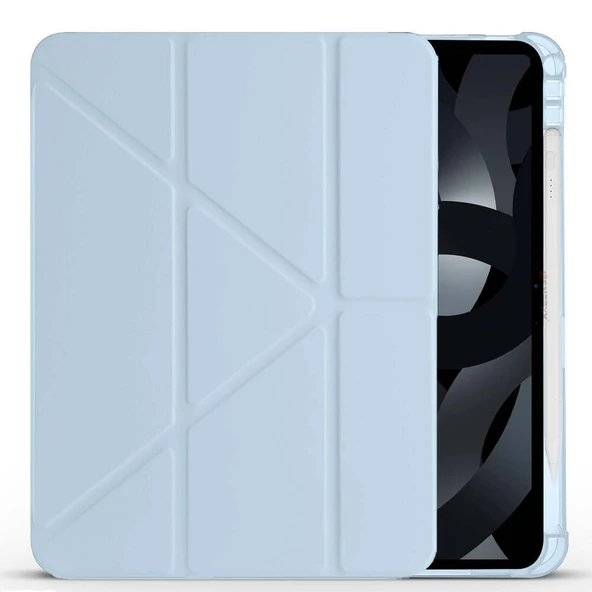 Apple iPad Air 10.9'' 2022/2020 Uyumlu Üçgen Katlanabilir Kalem Şarj Bölmeli Standlı Kılıf  Mavi - Resim 3
