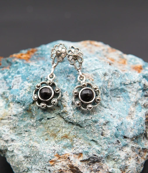 925 Ayar Gümüş Oltu Taşı Kadın Küpe skü00043 ürün görseli 1