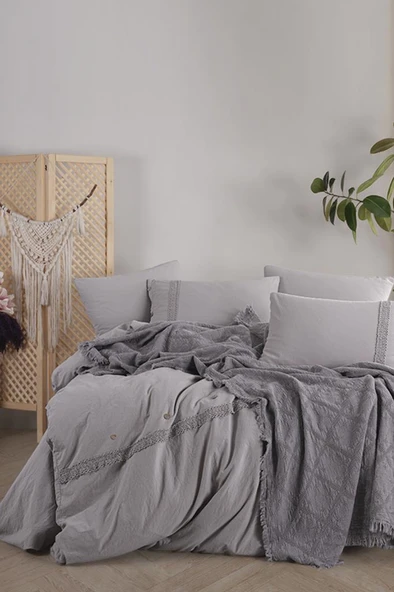 Grace 7 Parça %100 Pamuk Çift Kişilik Pikeli Nevresim Takımı Gri ürün görseli