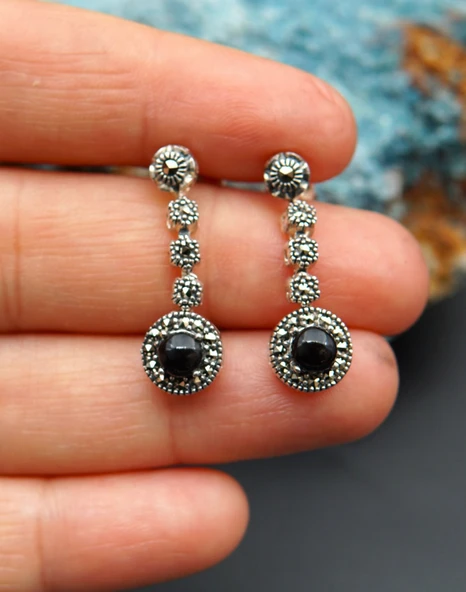 925 Ayar Gümüş Oltu Taşı Kadın Küpe skü00042 - Resim 6