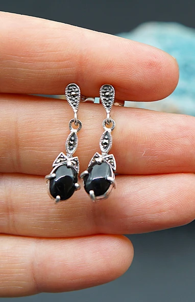 925 Ayar Gümüş Oltu Taşı Kadın Küpe skü00040 - Resim 5