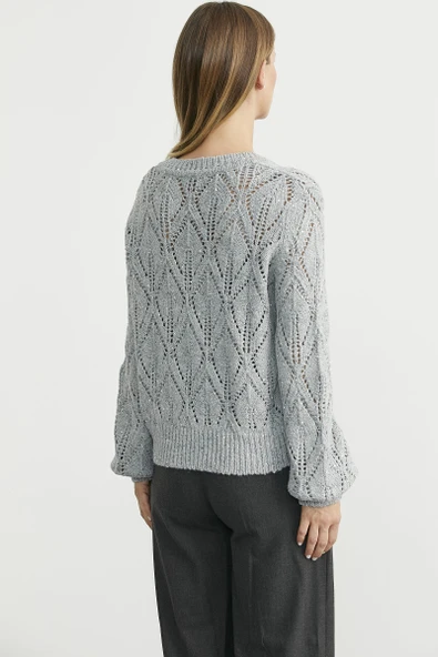 Delikli V Yaka Pullu Triko Kazak - Gri - Resim 5