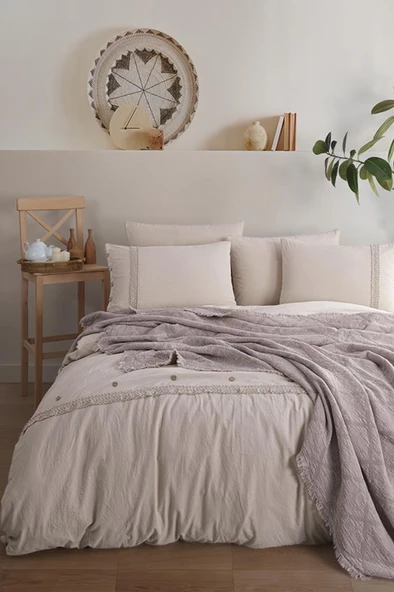 Grace 7 Parça %100 Pamuk Çift Kişilik Pikeli Nevresim Takımı Bej ürün görseli