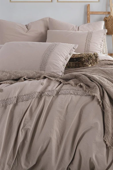 Grace 7 Parça %100 Pamuk Çift Kişilik Pikeli Nevresim Takımı Cappucino - Resim 2