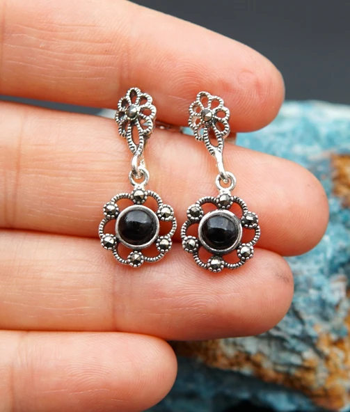 925 Ayar Gümüş Oltu Taşı Kadın Küpe skü00043 - Resim 3